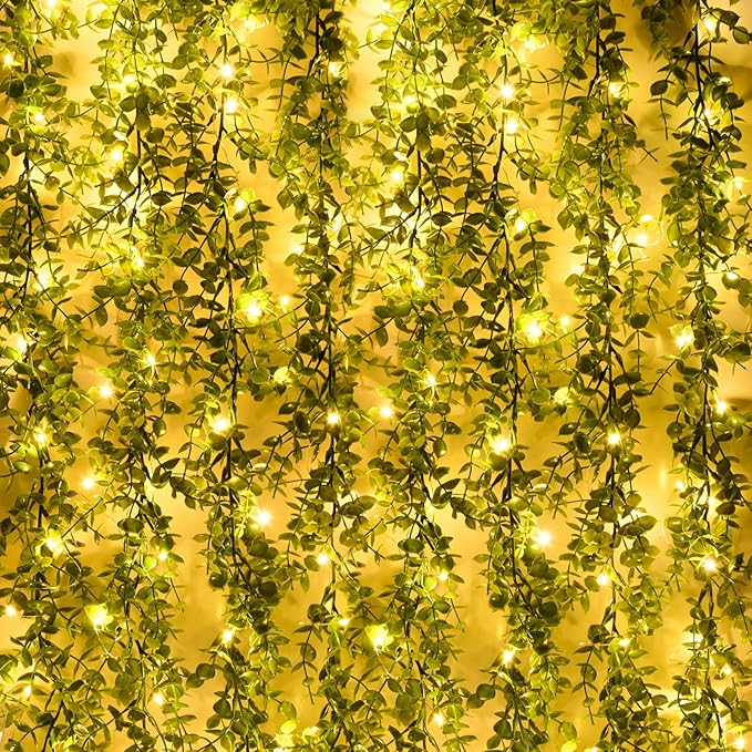 Dolicer 2 Packs Eucalyptus Garland with LED Lights String, 12Ft Faux Eucalyptus Greenery Garland, Artificial Hanging Green Eucalyptus Leaves Vine Wedding Backdrop Arch Wall Table Decor (Grey Green)
