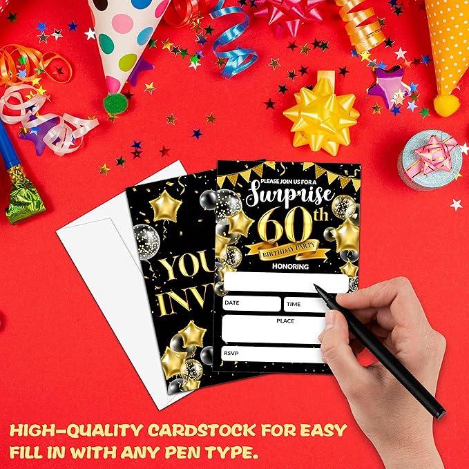 Surprise 60th Birthday Party Invitation, Black and Gold Fill-In Invites For Adult Woman & Man, 20 Invitations With Envelopes(4" x 6"), Party Favors Decorations And Supplies-04