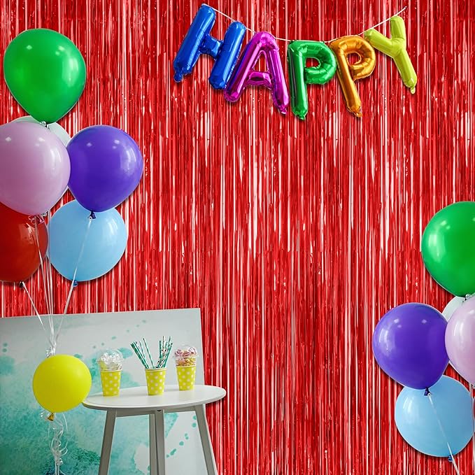 12 Pack Red Curtains, 3.28 FT x 7.05 FT Party Streamer, Metallic Party Backdrop Valentines Day Streamer Foil Curtains, Fringe Tinsel for Red Party Decor Casino Theme Decorations Party Supplies
