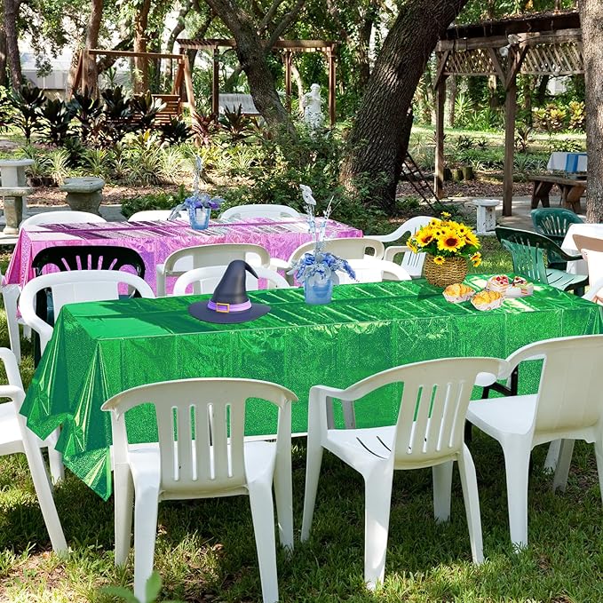 2 Pcs Iridescent Pink and Green Tablecloth Party Decorations, Holographic Foil Plastic Table Cloths for Rectangle Tables, Disposable Green and Pink Table Cover for Witch Theme Birthday Party Supplies