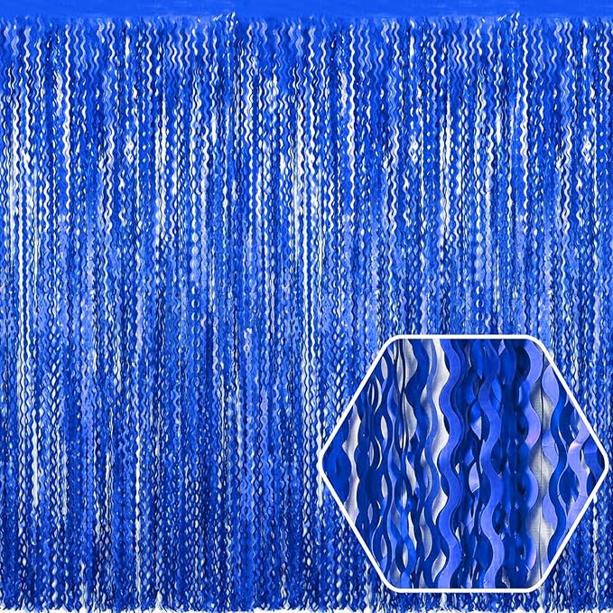 4 Pack Blue Wave Foil Fringe Curtain Backdrop, 3.28Ft x 8.2Ft Metallic Tinsel Foil Fringe Streamer Curtains for Photo Booth, Mother's Day, Easter, Birthday, Wedding Party Decoration