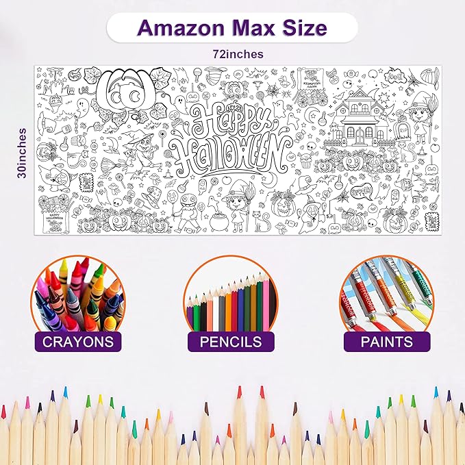 OHOME Halloween Giant Coloring Poster/Tablecloth-Halloween Crafts for Kids-30 x 72 Inches Jumbo Paper Coloring Banner Gifts for Kids Activities Games Toys Party Favors- Halloween Party Decorations