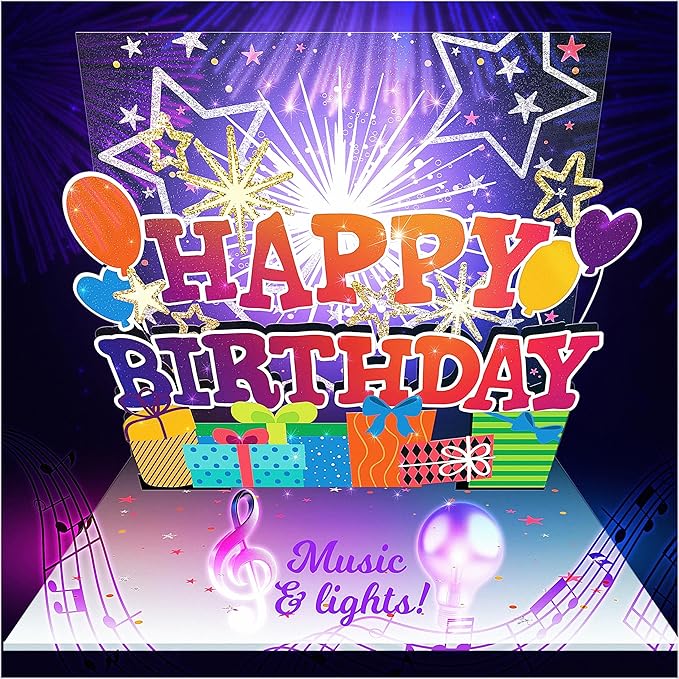 100 GREETINGS Fireworks Pop Up Happy Birthday Card - Singing Celebration Card with Light Show & Music, Unique Musical BDay Message for Women, Men, Mom, Grandma & Grandpa (1 LED)