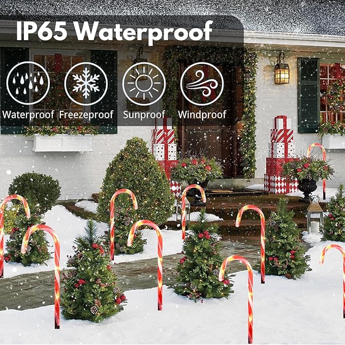 Upgraded 24 Pack Solar Candy Cane Lights Outdoor, Solar Christmas Lights Outdoor Waterproof with 8 Modes, Xmas Pathway Candy Cane Christmas Decorations Outside for Garden Lawn Yard Party