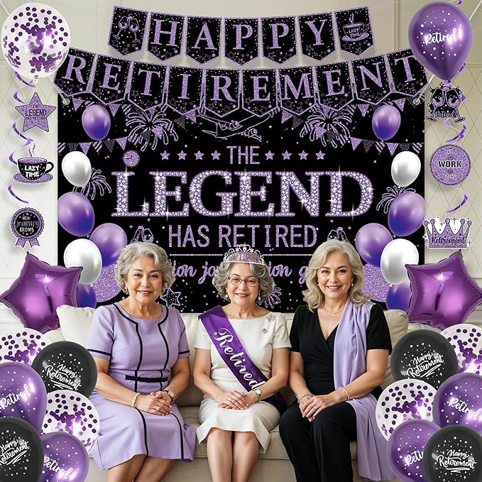 Roetyce Retirement Party Decorations Women, Black and Purple Happy Retirement Banner Backdrop Balloons Hanging Swirls for Coworker, Lengend Has Retired Sash & Crown, Office Retired Background