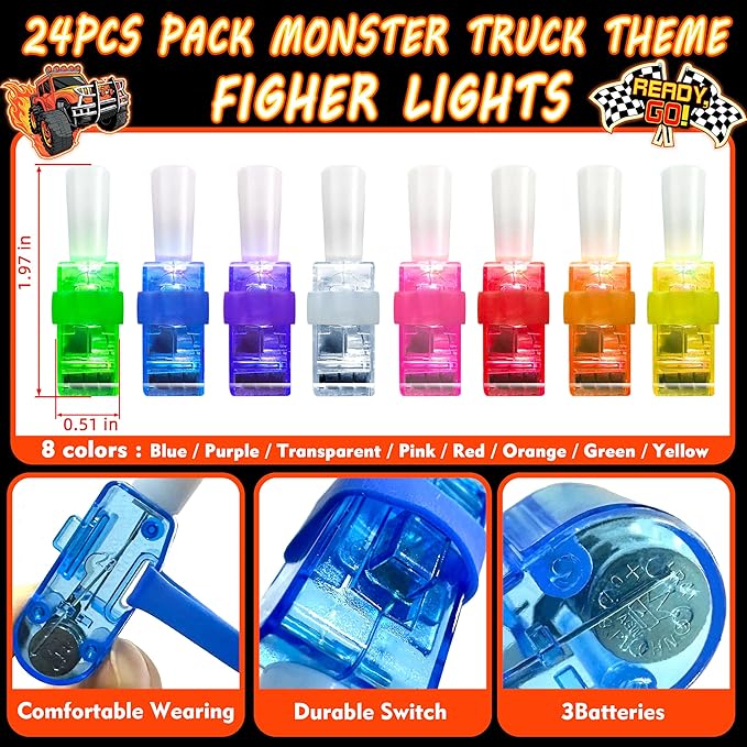 24PCS Monster Truck Party Favors-LED Finger Lights：Glow-in-the-Dark Light-Up Toys Bulk for Kids,Monster Jam Birthday Party Decorations Supplies, Party Goodie Bags, Classroom Prizes, Fun Gifts