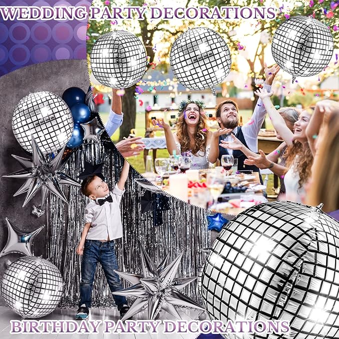 Leitee 18 Pcs 32 in Big Disco Ball Balloon 70s Disco Balloons Party Decoration Large 4d Aluminum Foil Inflatable Ball Giant Silver Metallic Mirror Decor for Baby Shower Wedding Birthday Dance Party