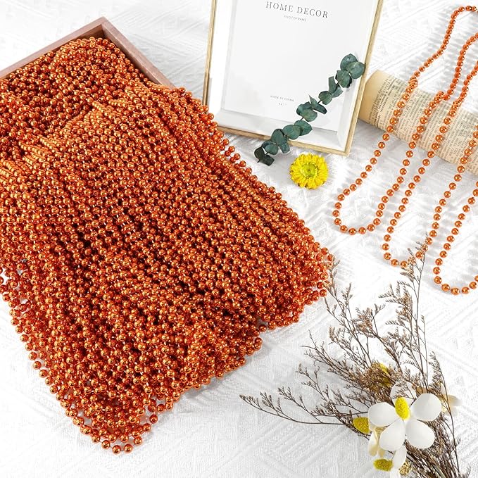SHAOQINLIN 50 PCS Orange Bead Necklace, Orange Mardi Gras Beads, Halloween Necklaces, 33 Inch Party Beads Necklace Round Beaded Necklace for Mardi Gras, Christmas, Halloween