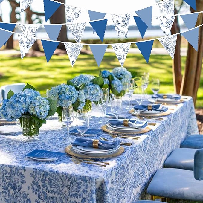 32Ft Blue Floral Party Decorations Vintage Blue White Flower Pennant Banner Fabric Triangle Flag Garland Streamers for Floral Wedding Porcelain Birthday Baby Bridal Shower Garden Tea Party Decor