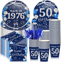 240 Pcs 50th Birthday Decorations 1976 Birthday Party Tableware Include Plates Napkins 9oz Cups Cutlery 50th Anniversary Party Supplies for Men Women Him Her, Serve 30 Guests (Blue Silver)