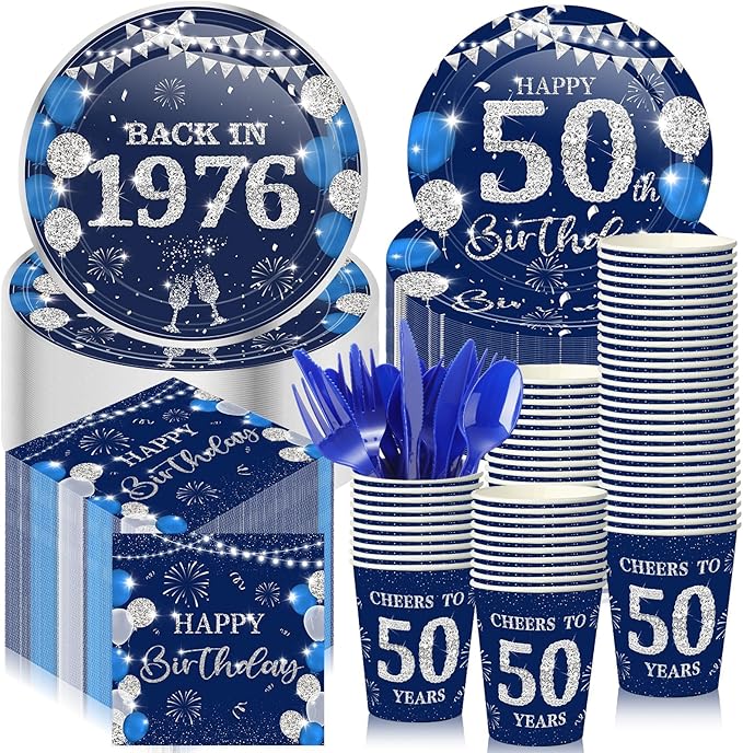 240 Pcs 50th Birthday Decorations 1976 Birthday Party Tableware Include Plates Napkins 9oz Cups Cutlery 50th Anniversary Party Supplies for Men Women Him Her, Serve 30 Guests (Blue Silver)