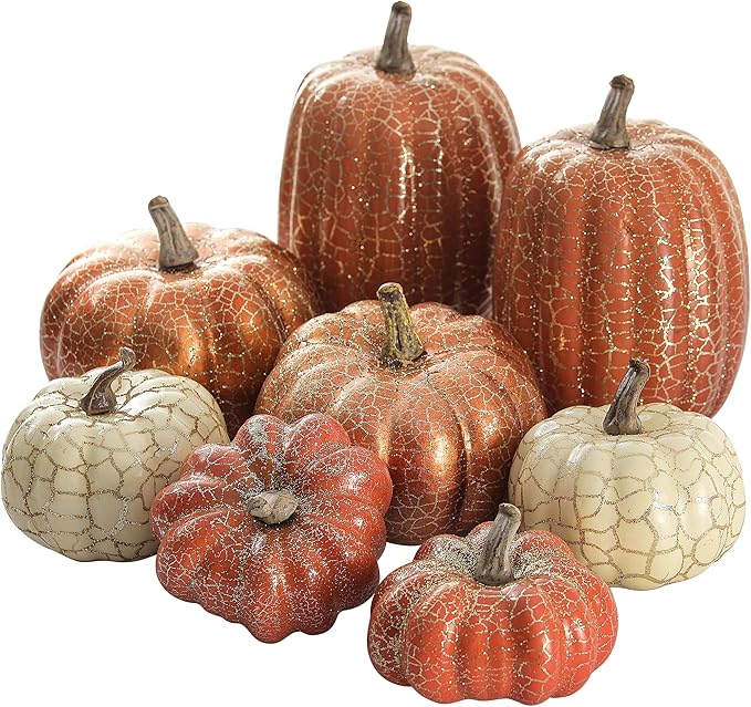 Artgar Pumpkin Decor, 8 PCS Halloween Pumpkin, Metal Cracked Design Foam Pumpkins for Halloween Thanksgiving Fall Home Table Indoor Outdoor Decorations