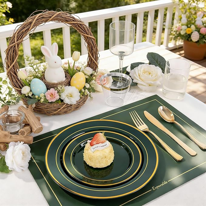 175PCS Green Plastic Plates - Green and Gold Disposable Plates 25Guests Plastic Plates with Rolled Napkins for Birthday/St. Patrick's Day/Easter