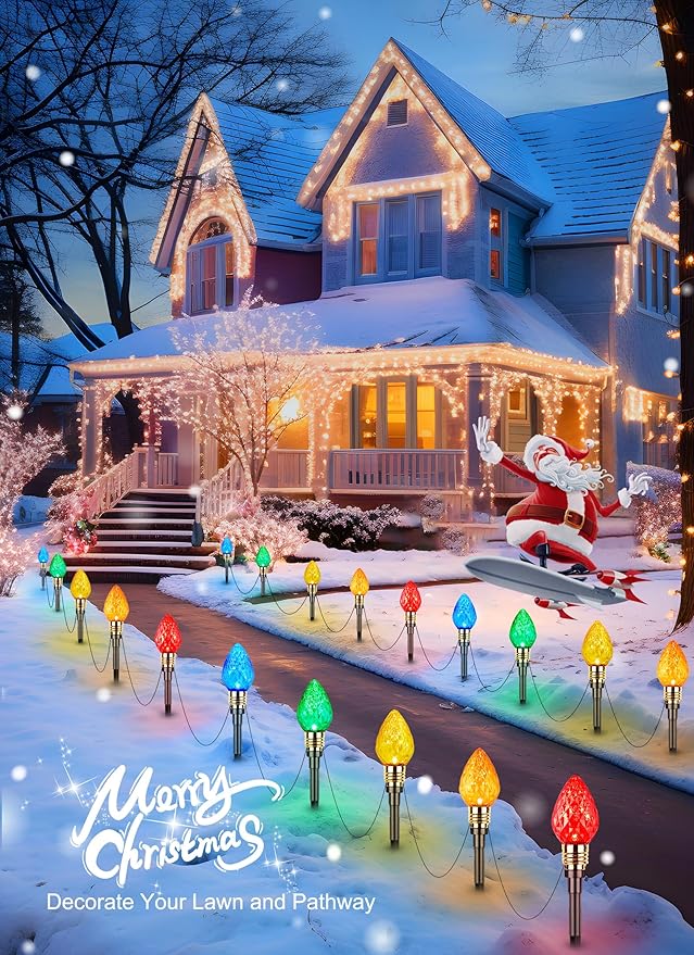 2 Pack Strawberry C9 Christmas Pathway Lights Outdoor - Total 34.8 Feet 20 LED C9 Walkway Lights, Multicolor Bulb Christmas Light Outdoor Decorations for Lawn Holiday Yard, Multicolor