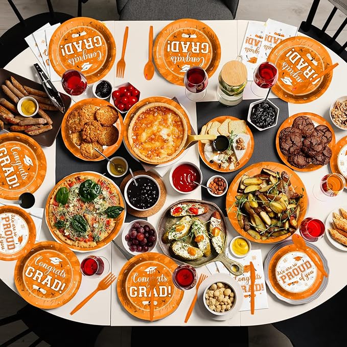 Graduation Party Supplies Congrats Grad Plates and Napkins Set Disposable Tableware Paper Plates Napkins Cups Knives Spoons Forks Straw for Class of 2025 Graduation Party Decorations Serve100 (Orange)