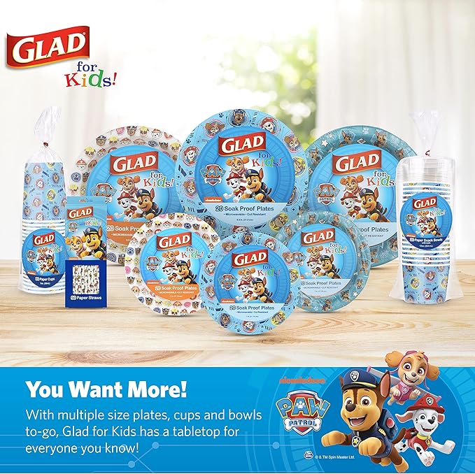 Glad for Kids Paw Patrol Disposable Paper Plates, Heavy Duty Soak Proof Microwavable Kids Plates for Parties, Birthdays, and Everyday Meals, Core Pups Blue, 8.5 Inch, 20 Count (Pack of 2)