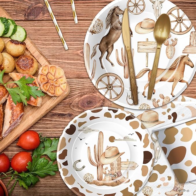 APOWBLS Western Cowboy Party Decorations Dinnerware - Wild West Party Supplies, Paper Plate, Cup, Napkin, Fork, Western Cowboy Rodeo Theme Birthday Baby Shower Decorations Tableware | Serve 24 Guests