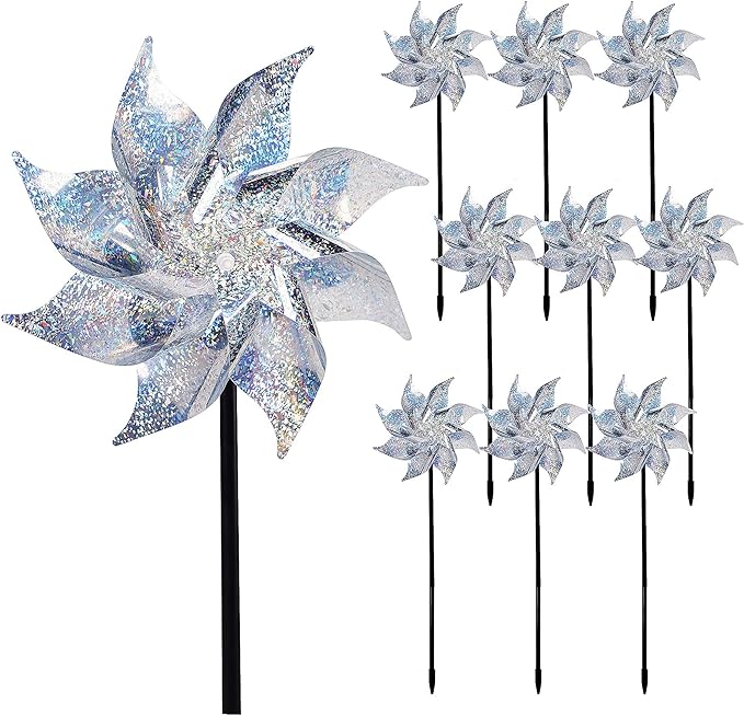 Hausse 10 Pack Reflective Pinwheels with Stakes (Assembly Required), Extra Sparkly Pin Wheel for Garden Decor, Bird Repellent Devices Deterrent to Scare Birds Away from Yard Patio Farm
