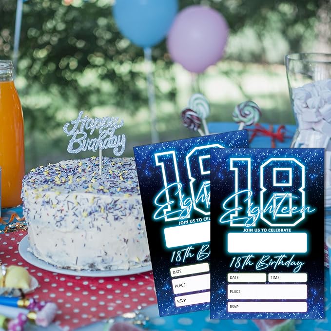 SIXEIGHT Blue 18th Birthday Invitations for Boys, Neon Glow Party Invitations for Girls Kids, 20 Pack Double Sided Invite Cards with Envelopes, 18th Glow Neon Birthday Party Decorations, 4x6 Inch-C51