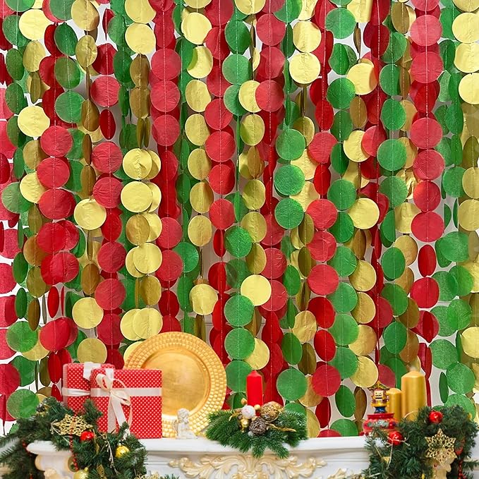 192Ft Christmas Party Decorations Red Green Metallic Gold Tissue Paper Big Polka Dots Backdrop Streamer Circle Dots Hanging Garland for Xmas Holiday Birthday Baby Shower Wedding Hen Party Supplies
