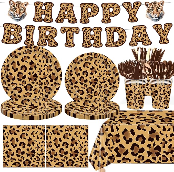 142PCS Leopard Print Party Decorations,Jungle Animal theme Decorations Include Tableware, Plate, Cup, Napkin, Cutlery, Animal Cheetah Print Birthday Party Supplies Serve 20