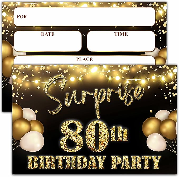 YSTEP 80th Birthday Party Invitations, 20 Black Gold Invite Cards with Envelopes, 4"x6" Foil Balloon Birthday Invites - B15