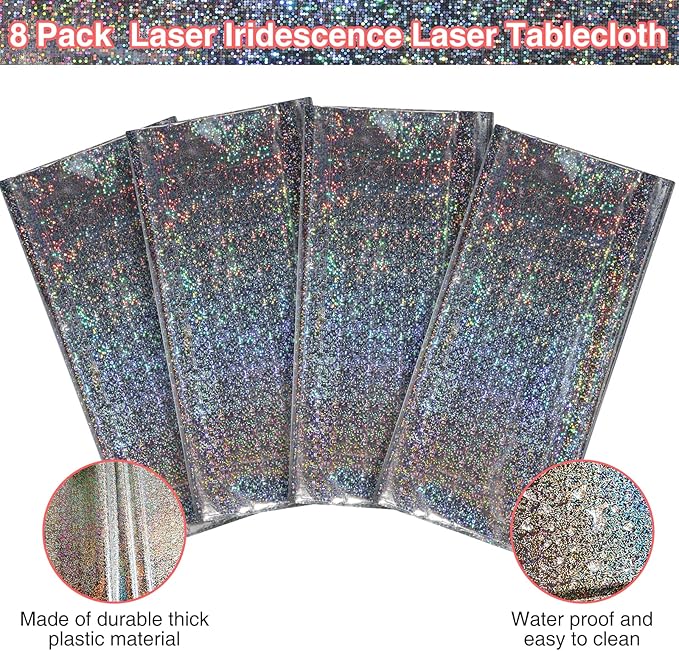 FunnyPars 8 Pack Iridescent Plastic Tablecloths Shiny Disposable Laser Rectangle Table Covers Holographic Foil Tablecloth Iridescent Party Decoration