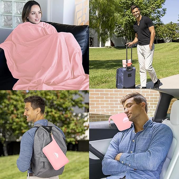 BlueHills Travel Blanket Pillow Compact Lightweight Pocket Size Airplane Traveling Essential Flight Trip Throw in Bag Portable Case Plane Accessory Pink L02