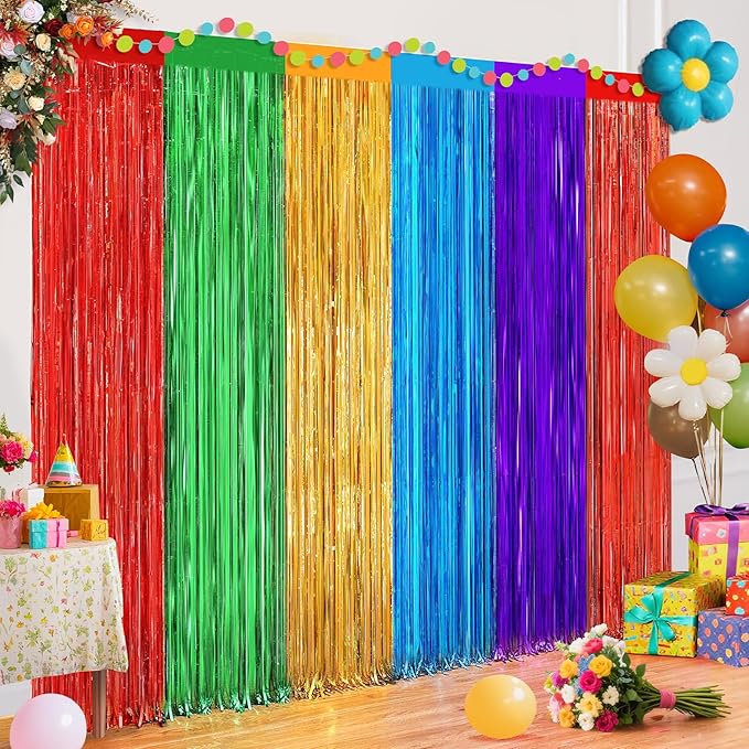 2 Pack Rainbow Foil Fringe Curtains, 3.3ft x 6.6ft Mexican Style Rainbow Streamer Curtain, Photo Booth Props Backdrop for Birthday Party, Christmas Decor, Mexican Cinco De Mayo Decorations