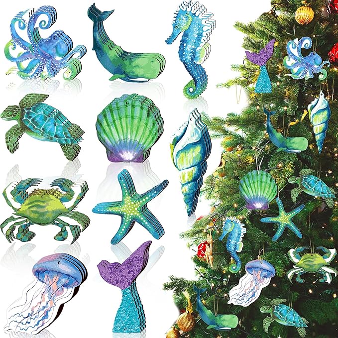 Chunful 30 Pieces Summer Tree Ornaments Christmas in July Wood Hanging Decoration Beach Wooden Slices Winter Tree Ornaments with String for Luau Hawaiian Party Supplies (Sea Style)