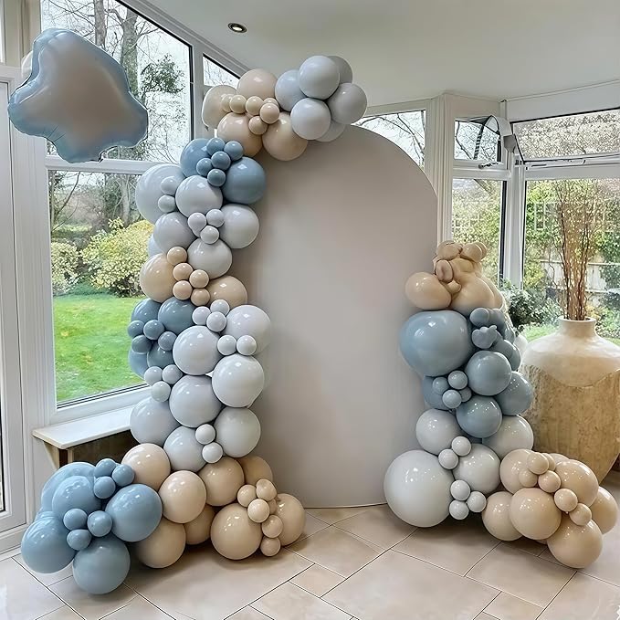 Dusty Blue Balloon Arch Kit 139Pcs Slate Blue Grey Balloons Garland Neutral Boho Retro Fog Gray Apricot Beige Cream White Sand Brown Birthday Party Balloons for Boys Bear Cloud Baby Shower Decorations