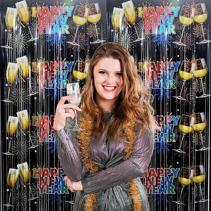 GOER Foil Curtain Backdrop for New Year Eve Party Decorations| Metallic Tinsel New Year Theme Photo Booth Props (5 Pcs)