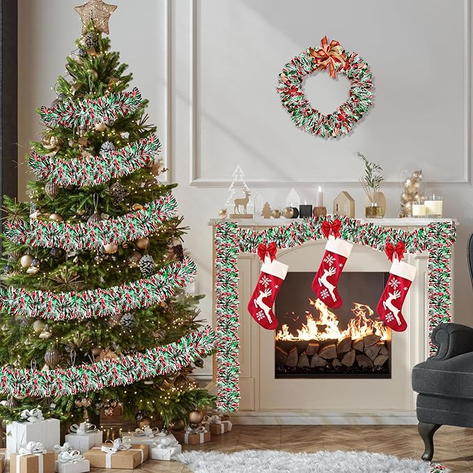 50 FT Christmas Tinsel Garland Christmas Decorations for Xmas Tree Decor Metallic Twist Shiny Hanging Garlands for Tree Mantel Stairs Fireplace Home Indoor Holiday Party Supplies (Red Green White)