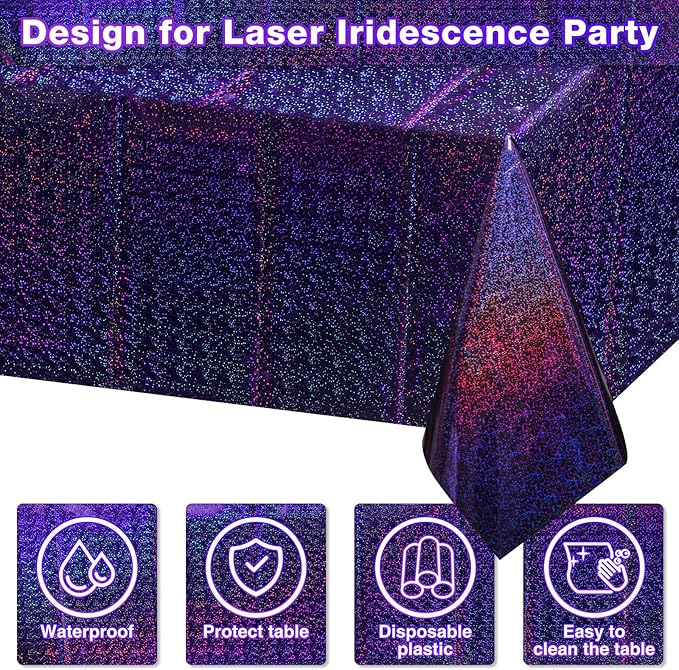 FunnyPars 8 Pack Iridescent Plastic Tablecloths Shiny Disposable Laser Rectangle Table Covers Holographic Foil Tablecloth Iridescent Kpop Birthday Bridal Wedding Party Decoration, 54"x108"(Purple)