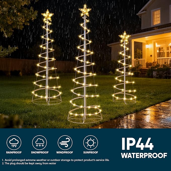 JOIEDOMI 3 Pack Spiral Christmas Tree Lights, 218 LED Outdoor Lighted Tree with Star Topper & Stakes, Christmas Decorations for Yard Porch Patio Garden Holiday Xmas Eve Night Décor, Warm White
