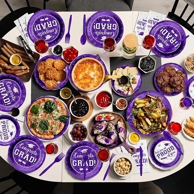 Graduation Party Supplies Congrats Grad Plates and Napkins Set Disposable Tableware Paper Plates Napkins Cups Knives Spoons Forks Straw for Class of 2025 Graduation Party Decorations Serve100 (Purple)
