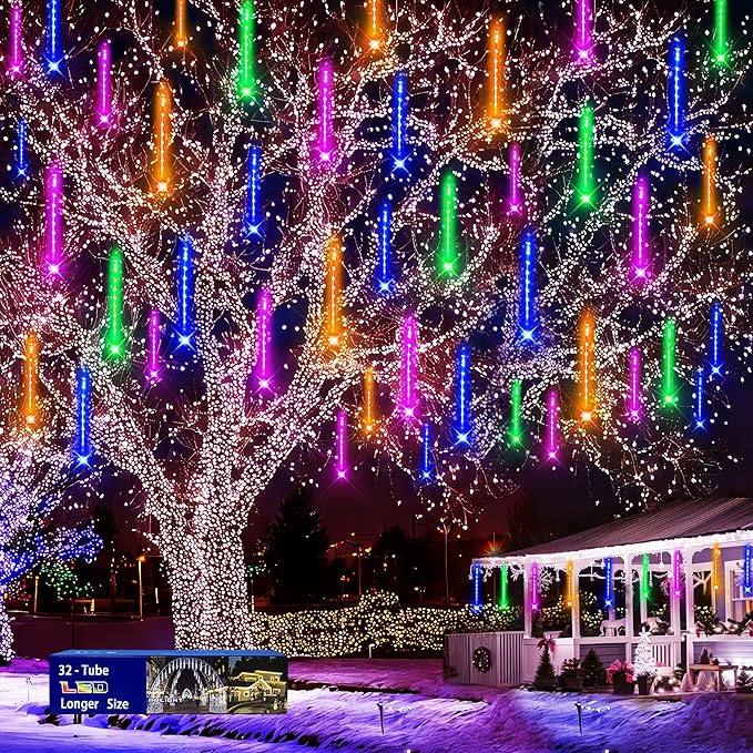 Christmas Outdoors Decoration, 32 Tubes Meteor Shower Lights Outdoor Indoor, Lauzior Snow Falling Icicle Cascading Lights for Christmas Halloween Decor Xmas Tree Holiday Yard Wedding Party, Multicolor