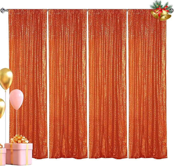 Hahuho Orange Sequin Backdrop Curtain, 4PCS 2FTx8FT Glitter Backdrop Curtain for Parties, Christmas, Wedding, Party Decoration（4 Panels, 2FT x 8FT, Orange