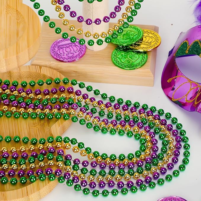 24PCS Mardi Gras Accessories, Mardi Gras Green Purple Gold Metallic Beads Necklaces Accessories Bulk, Mardi Gras Beads Necklace Costumes Women Men Kids for Parade Throws Party Decor Favor Supplies
