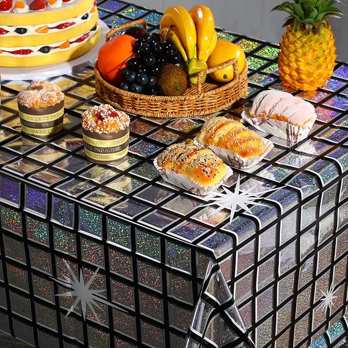 FunnyPars 1 Pack Disco Tablecloth Party Decorations, Shiny Iridescent Disposable Laser Rectangle Table Covers, Silver Plastic Table Cloth for 70s Disco Birthday Theme Party Decorations, 39 x 108Inch
