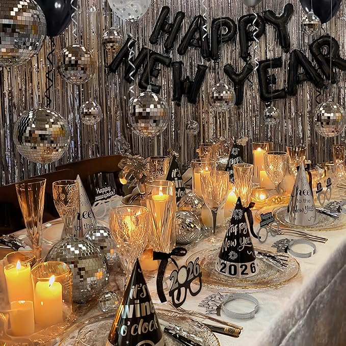 New Years Eve Party Supplies - New Years Decorations 2026 - 98 Pcs Sets With Happy New Year Balloons,Disco Balls, Hats, Headbands, Glasses,Noise Makers,Fringe Curtains - Nye Decor Backdrop Accessories