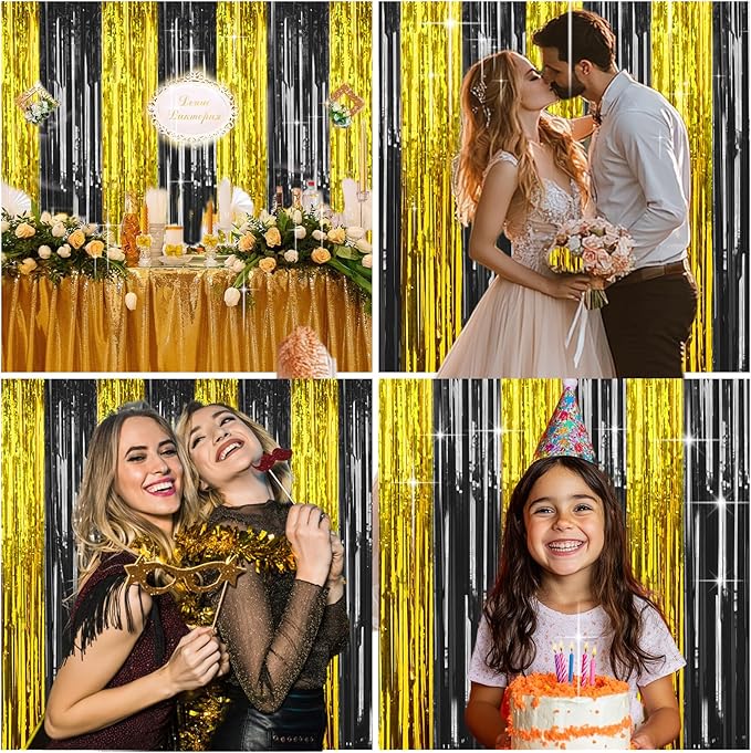 4 Packs Black and Gold Foil Fringe Curtain, Black Gold Metallic Tinsel Backdrop for Birthday, Wedding, Graduation Decorations 2025, Anniversary, Retirement Party Decorations Supplies