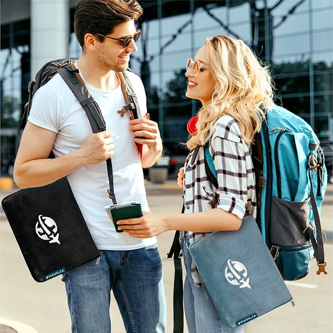PAVILIA Travel Blanket and Pillow, Arms Opening Airplane Blankets for Adults, Compact Plane Blanket with Arm Hole 2-in-1 Bag for Flight Car Camping Fit in Luggage Backpack Traveler Gift, Black