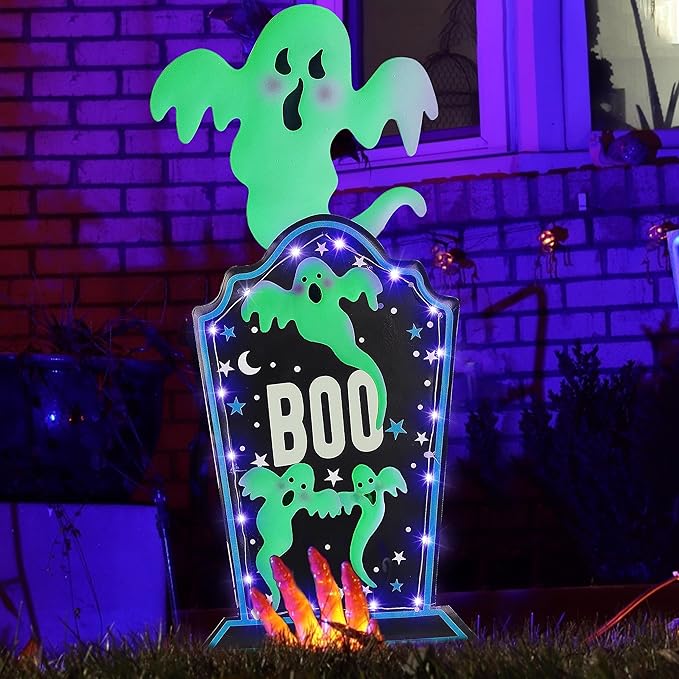 Joliyoou Halloween Yard Stake, 26.4" Solar Lighted Metal Tombstone with Glow in The Dark Ghosts, 18 LED Purple Lights Spooky Yard Sign for Outdoor Front Door Yard Lawn Garden Decors