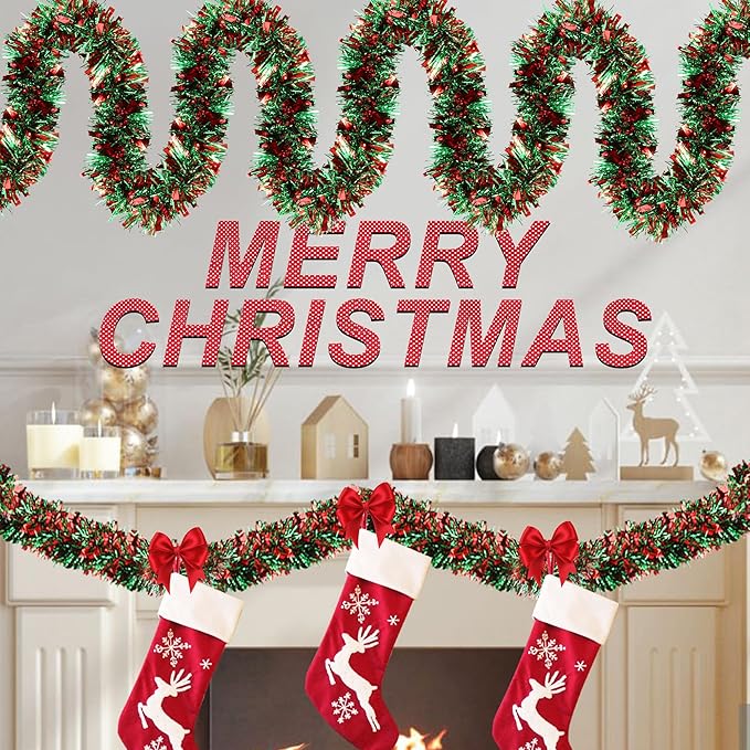 50 Ft Red & Green Christmas Tinsel Garland Metallic Twist Shiny Hanging Garland for Christmas Tree Decorations Xmas Holiday Decor for Home Indoor Outdoor Party Supplies (Red & Green)