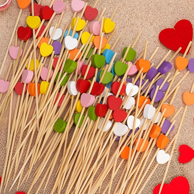Minisland Purple Love Heart Cocktail Picks, 4.7 Inch Long Bamboo Fancy Toothpicks for Appetizers, Decorative Bridal Shower Wedding Valentines Party Food Drinks Fruit Skewer Sticks 100 Counts -MSL443