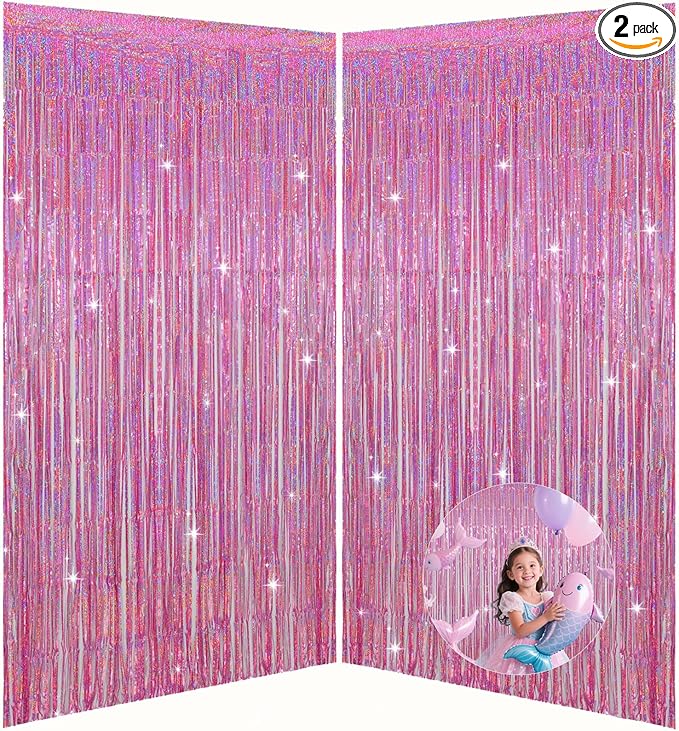 Pink Foil Fringe Curtains Party Decorations, 3.28x6.56ft Sparkling Streamer Tinsel Backdrop for Girls/Princess Birthday Party