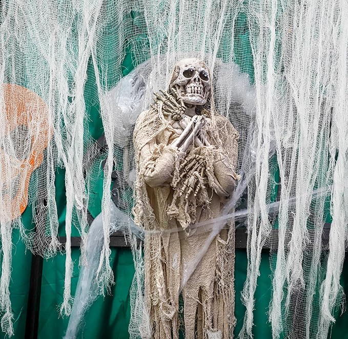 Watayo 500 x 59 Inch Halloween Spooky Cloth, White Large Size Halloween Creepy Cloth, Windows Doorways Cover Gauze for Haunted House Yard Horror Themed Party Decorations