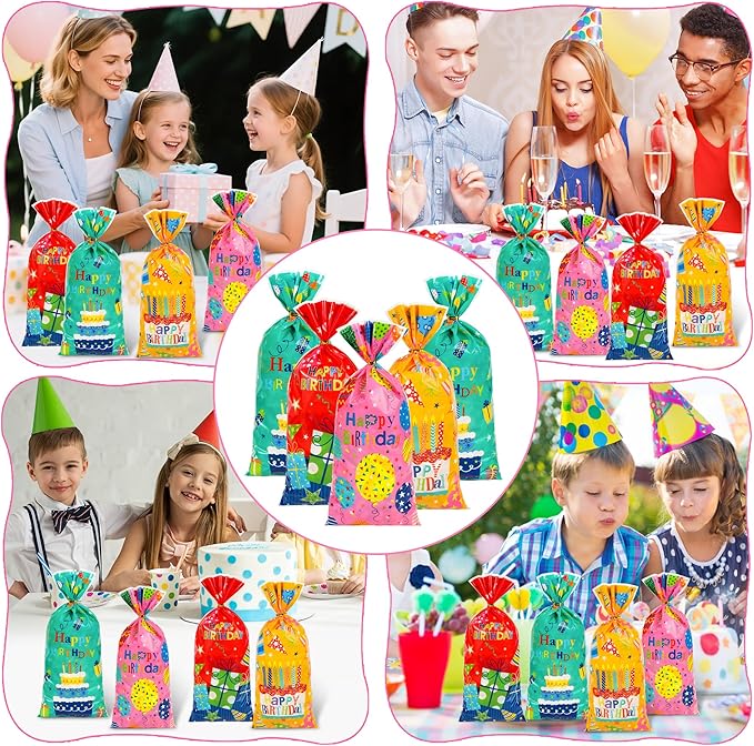 ZYLOP 50PCS Birthday Cellophane Treat Bags - Happy Birthday Goodie Bags with 60 Twist Ties for Kids BDAY Party Favors Wrapping, Packaging Candy Cookies Gifts, 4.9 x10.6 Inch, 4 Colorful Styles