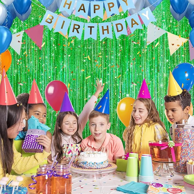 Crosize 2 Pack 3.3 x 9.9 ft Laser Green Foil Fringe Curtains Party Decorations,Tinsel Curtain Backdrop for Parties, Door Streamers, Glitter Streamer Backdrop for Birthday Decoration